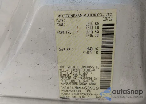 2013 Nissan Altima 2.5 Sv z USA, uszkodzony, nr VIN 1N4AL3AP9DN463939